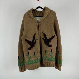 Vintage 50s Cowichan Handmade Ducks Birds Wool Knit Zip-Up Sweater Mens XL 46"